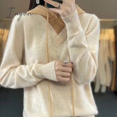 Ingvn - Autumn And Winter 2023 New 100% Merino Wool Women’s Knitted Hooded Pullover Casual Color