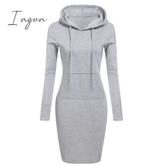 Ingvn - Autumn And Winter Hoodie Dress Elegant Long Sleeve Pocket Combining Casual Women’s Midi