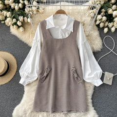 Ingvn - Autumn Elegant 2 Piece Set Overalls Dress Women Lapel White Lantern Sleeve Ruffle Shirt Top
