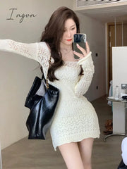 Ingvn - Autumn Elegant Knitted Dress Women Long Sleeve Lace Short Party Korea Fashion Slim Sexy Y2K
