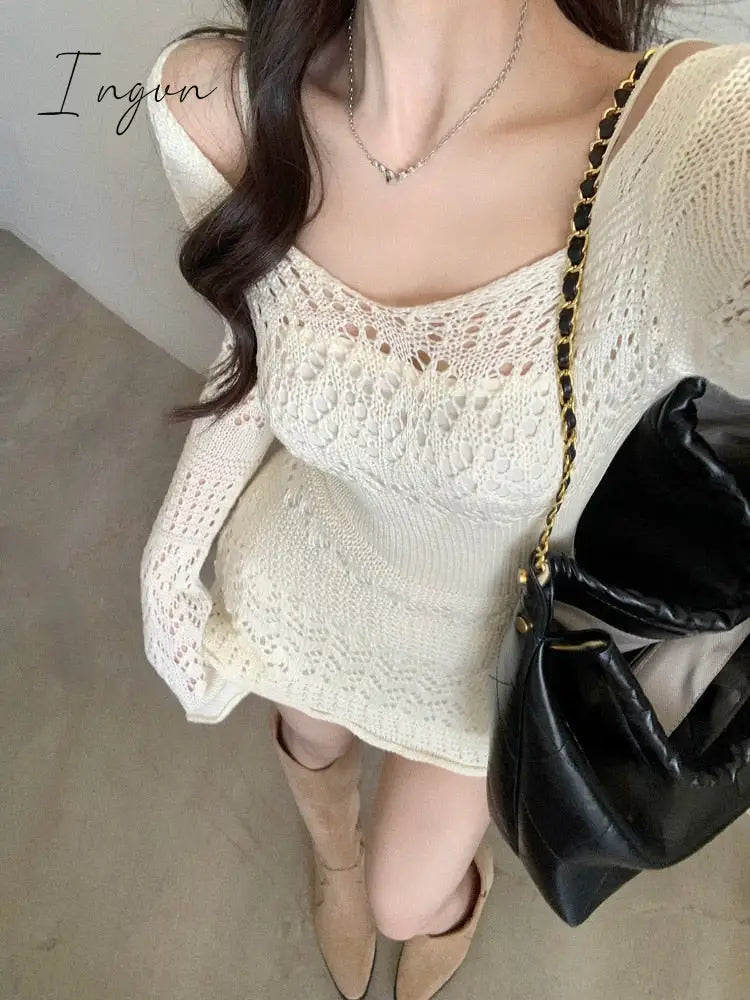 Ingvn - Autumn Elegant Knitted Dress Women Long Sleeve Lace Short Party Korea Fashion Slim Sexy Y2K