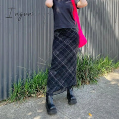Ingvn - Autumn Fairy Grunge Long Tulle Skirts Women Kawaii Plaid Black Skirt Harajuku Low Waisted