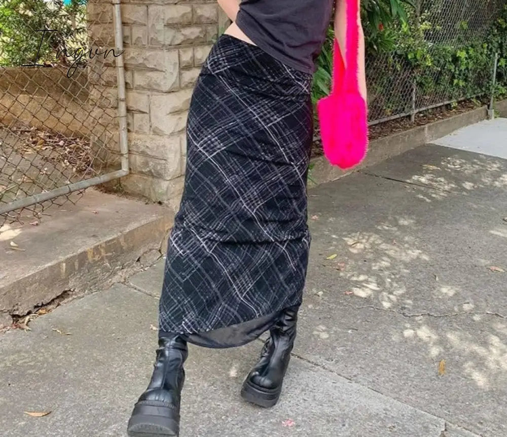 Ingvn - Autumn Fairy Grunge Long Tulle Skirts Women Kawaii Plaid Black Skirt Harajuku Low Waisted