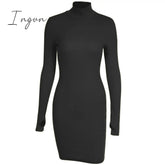 Ingvn - Autumn Fashion Sexy Solid Turtleneck Skinny Mini Dress Women Rib Knit Keep Warm Long Sleeve