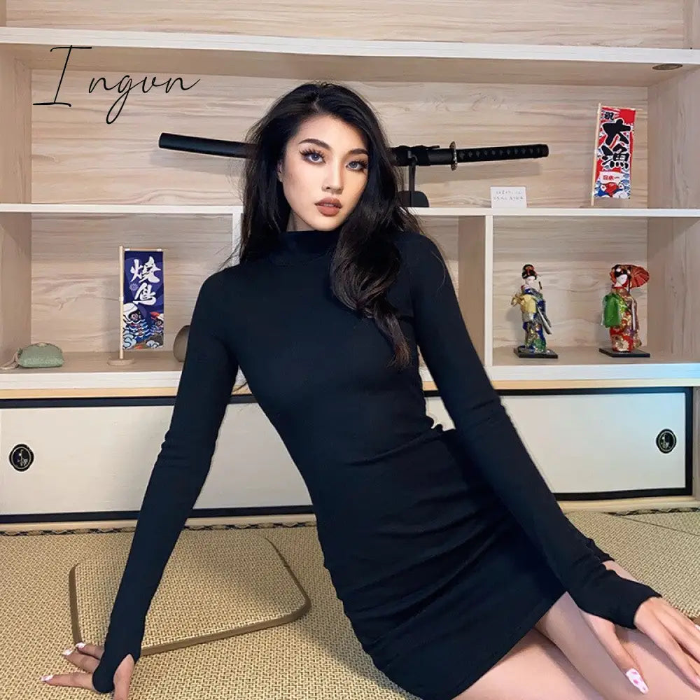 Ingvn - Autumn Long Sleeve Bottom Dress For Women High Collar Temperament Solid Color Bodycon Mini