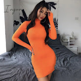Ingvn - Autumn Long Sleeve Bottom Dress For Women High Collar Temperament Solid Color Bodycon Mini
