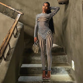 Ingvn - Autumn Mesh Zebra Striped Sets Women 2 Piece Suit T-Shirt + Long Pants See-Through Sexy