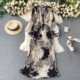 Ingvn - Autumn New Dress Temperament Turtleneck Waist Slim Long Sleeves Lace Up Wild Floral Maxi