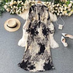 Ingvn - Autumn New Dress Temperament Turtleneck Waist Slim Long Sleeves Lace Up Wild Floral Maxi