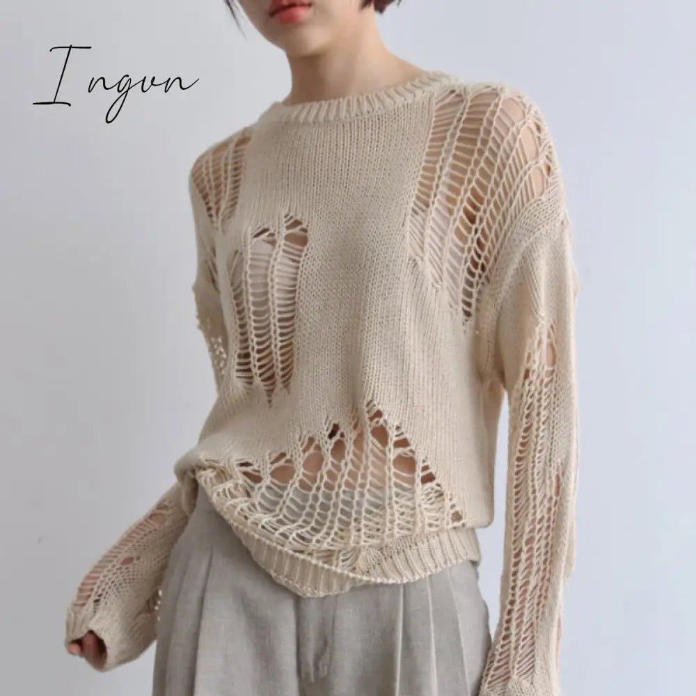 Ingvn - Autumn New Korean Style Long - Sleeved Sexy Hole Sweater Asymmetric Hem Loose Pullover