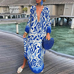 Ingvn - Autumn New Women’s Loose Long Sleeves Dress Casual Printed Streetwear Ladies Fashion V