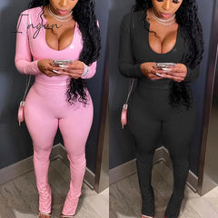 Ingvn - Autumn Pink Pu Leather Skinny Top And Flare Pants Hight Wasit Legging Two Piece Set Street