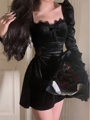 Ingvn - Autumn Slim Black Velvet Dress Casual Korean Fashion Elegant Midi Woman Party Long Sleeve