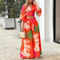 Ingvn - Autumn Sweet Printed Women Two Piece Sets Fashion Long Sleeves V Neck Cropped Tops Sexy