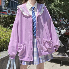 Ingvn - Autumn Sweet Women Hoodies Loose Hooded Sailor Collar Cute Lace Patchwork Female Zip Up