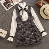 Ingvn - Autumn Winter 2 Piece Set Overalls Dress Women Elegant Ruffles Chiffon Bow Shirt Top +