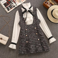Ingvn - Autumn Winter 2 Piece Set Overalls Dress Women Elegant Ruffles Chiffon Bow Shirt Top +