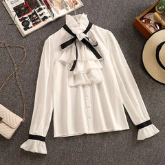 Ingvn - Autumn Winter 2 Piece Set Overalls Dress Women Elegant Ruffles Chiffon Bow Shirt Top +