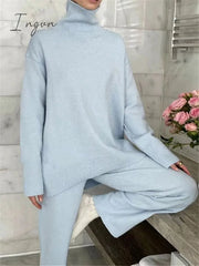 Ingvn - Autumn Winter 2 Pieces Women Sets Knitted Tracksuit Turtleneck Sweater And Wide Leg Jogging