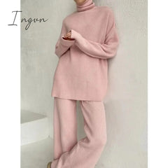 Ingvn - Autumn Winter 2 Pieces Women Sets Knitted Tracksuit Turtleneck Sweater And Wide Leg Jogging
