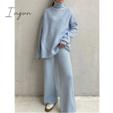 Ingvn - Autumn Winter 2 Pieces Women Sets Knitted Tracksuit Turtleneck Sweater And Wide Leg Jogging