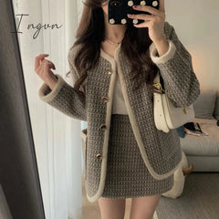 Ingvn - Autumn Winter Korean Fashion Casual Plaid Tweed 2 Piece Set Women Jacket Coat + Mini Skirt