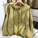 Ingvn - Autumn Winter Red Stripes Hooded Knit Cardigan Woman Korean Fashion Loose Casual Sweater