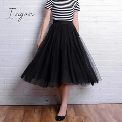 Ingvn - Autumn Winter Vintage Tulle Skirt Women Elastic High Waist Mesh Skirts Long Pleated Tutu