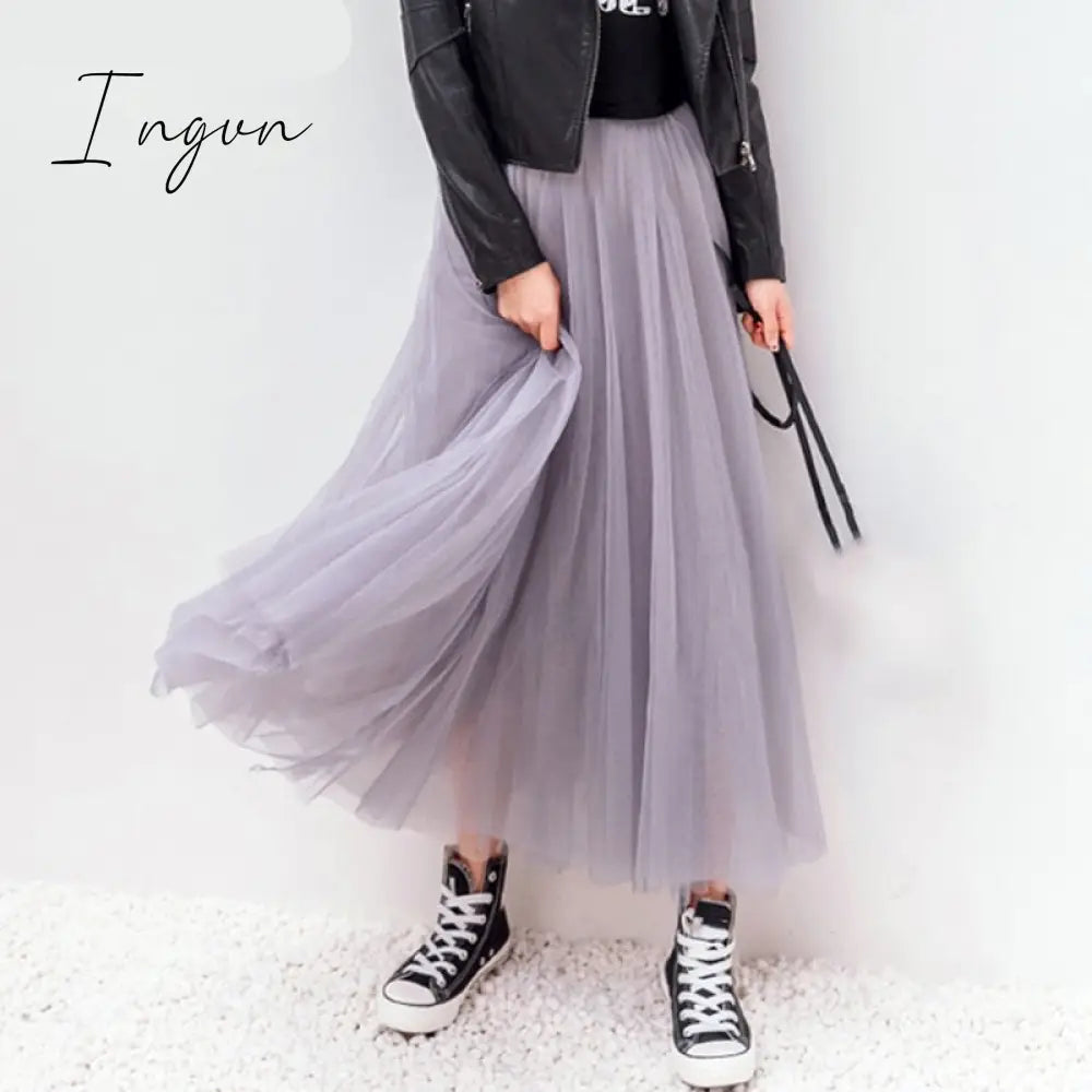 Ingvn - Autumn Winter Vintage Tulle Skirt Women Elastic High Waist Mesh Skirts Long Pleated Tutu