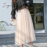 Ingvn - Autumn Winter Vintage Tulle Skirt Women Elastic High Waist Mesh Skirts Long Pleated Tutu