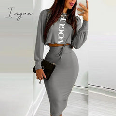 Ingvn - Autumn Women Casual Two Piece Dress Suit Sets Geometric Print Long Sleeve Top & Drawstring