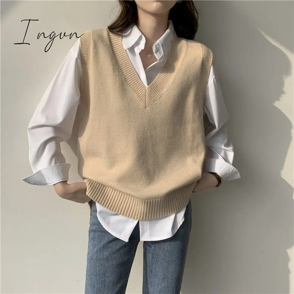 Ingvn - Autumn Women’s Sweater Vest V - Neck Sleeveless Irregular Casual Loose Knitted Pullover