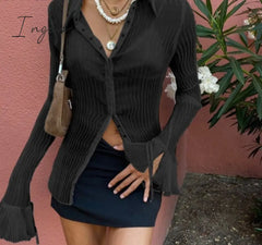 Ingvn - Autumn Women Sexy T Shirts Vintage Fashion V Neck Button Y2K See Through White Casual Long