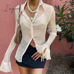 Ingvn - Autumn Women Sexy T Shirts Vintage Fashion V Neck Button Y2K See Through White Casual Long