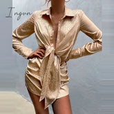 Ingvn - Autumn Women Vintage Elegant Long Sleeves V Neck Lace-Up Shirt Dress Fashion Slim Sexy