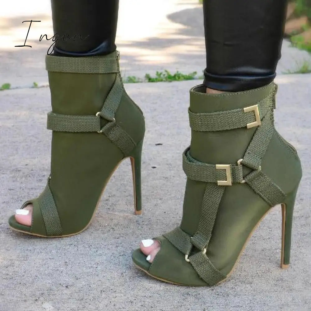 Ingvn - Back Zip Peep Toe Stiletto Heel Ankle Boots Green / 5