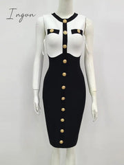 Ingvn - Bandage Dress Women Luxury Sexy Sleeveless Patchwork Button White Bodycon Designer Elegant