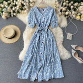 Ingvn - Beach Red Elegant Sexy Dress Women Summer Autumn V - Neck Polka Dot Midi Dress Waist Split