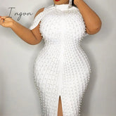 Ingvn - Beading White Plus Size Bodycon Dress 5Xl Sexy Party Dinner Club Midi Dresses Elegant Split