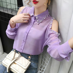 Ingvn - Beading Women’s Elegant Blouse Office Outfits Feminine Shirts Off The Shoulder Long
