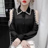 Ingvn - Beading Women’s Elegant Blouse Office Outfits Feminine Shirts Off The Shoulder Long