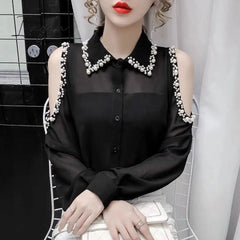 Ingvn - Beading Women’s Elegant Blouse Office Outfits Feminine Shirts Off The Shoulder Long