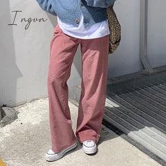 Ingvn - Beige Corduroy Wide Leg Pants Women Korean Style Soft Girl Pink Spring Plus Size Black