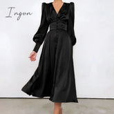 Ingvn - Beige Single Breasted Sexy Dress Party Clud High Waist Satin Long Elegant V Neck Women Midi