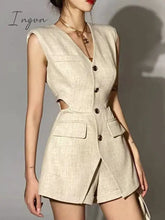 Ingvn - Beige Three Piece Sets Female V Neck Sleeveless Hollow Out Slim Vest Loose Top High Waist