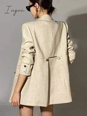 Ingvn - Beige Three Piece Sets Female V Neck Sleeveless Hollow Out Slim Vest Loose Top High Waist