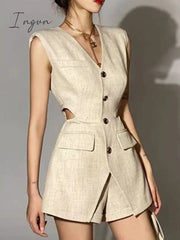 Ingvn - Beige Three Piece Sets Female V Neck Sleeveless Hollow Out Slim Vest Loose Top High Waist