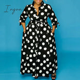 Ingvn - Black And White Polka Dot Dress Plus Size 4Xl 5Xl Floor Length Long Sleeve Single Breasted