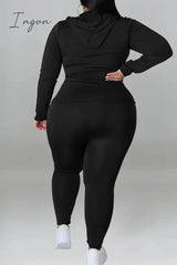 Ingvn - Black Casual Solid Patchwork Draw String Pocket Zipper Hooded Collar Plus Size Two Pieces