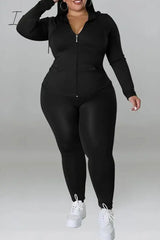 Ingvn - Black Casual Solid Patchwork Draw String Pocket Zipper Hooded Collar Plus Size Two Pieces /